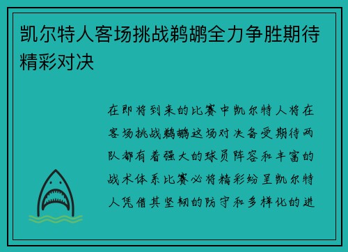 凯尔特人客场挑战鹈鹕全力争胜期待精彩对决