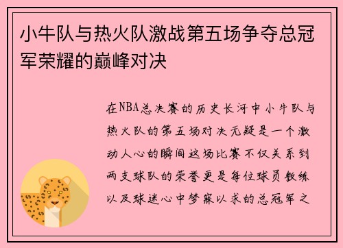 小牛队与热火队激战第五场争夺总冠军荣耀的巅峰对决